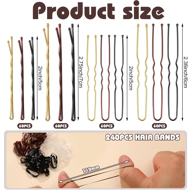 ProSuites 480 Pcs Bobby Pins Hair Pins Kit, U Shaped Hair Pins for Buns, Hair Pins for Women, Hair Rubber Bands with Box, 2/2.36/2.76inch Black Bobby Pins Brown Hair Blonde Hair Pins for Styling - Image 2